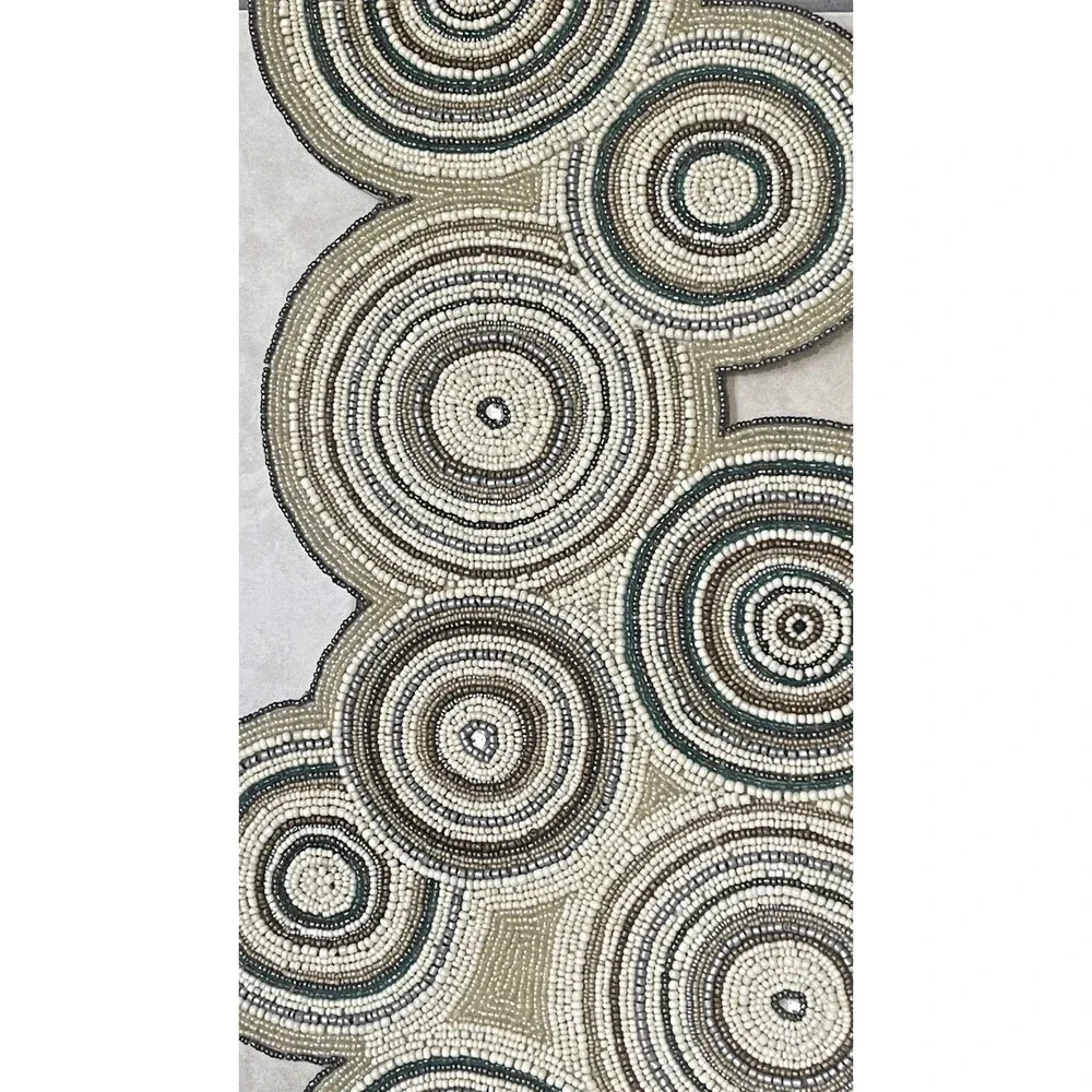 Pier 1 One Beaded Table Runner Round Concentric Medallion Boho Circles Tan Gray